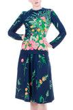 Vintage 1970s Botanical Floral Navy Double Knit 2pc Skirt and Top Set Size 6-8 / XS-Small