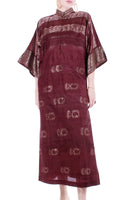Vintage 70s Silk Caftan Maxi Dress by The Parlour | Burgundy with Embroidered Gold Metallic Made in the USA Size 8 / 10 / Small / Medium