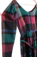 Vintage Plaid Puff Sleeve Woven Worsted Wool Blend Shirt Dress | Green Blue Purple Black | Size 10 - Medium