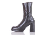 90s Platform Steve Madden Black Brown Leather High Block Heel Boots USA Size 9.5