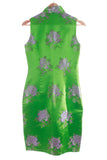Vintage Green Silk and Embroidered Lavender Asian Flowers Cheongsam Wiggle Dress Size Small / 6 / 34" bust - 28" waist - 34" hips