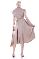 70s Vintage Montgomery Ward Beige Poly Knit Shirtdress with Full Skirt Modern Size 10 / Medium / Large / 38" bust / 22-30" waist