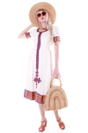 Vintage 70s Gauze with Metallic Embroidered Trim Puff Sleeve Peasant Dress Size 8 - 10 / Medium / 38" bust / 26-32" waist