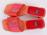 1990s Y2K Stuart Weitzman Made in Spain Embroidered Orange Pink Red Block Heel Mule Sandals USA Size 6.5 B