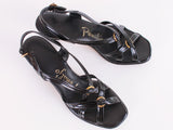 Vintage 70s Penaljo Black Patent Leather Strappy Cage Heel Sandals USA Size 7.5 / 8 N