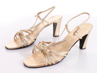 70s Vintage Daisy Gold Metallic Faux Leather High Heel Sandals USA Size 10 / 10.5