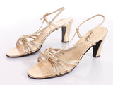 70s Vintage Daisy Gold Metallic Faux Leather High Heel Sandals USA Size 10 / 10.5