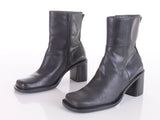 Vintage 90s Hillard Hanson Black Leather Square Toe Block Heel Minimalist Ankle Boots USA Size 7.5