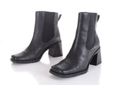 Vintage 90s Black Leather Block Heel Square Toe Ankle Boots USA Size 5.5