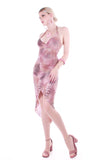 Y2K Op Art Swirl Sequin Pink Mauve Tan Plunge Halter Asymmetrical Dress Made in the USA Size Small / 8