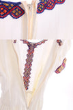 Vintage 70s Gauze with Metallic Embroidered Trim Puff Sleeve Peasant Dress Size 8 - 10 / Medium / 38" bust / 26-32" waist