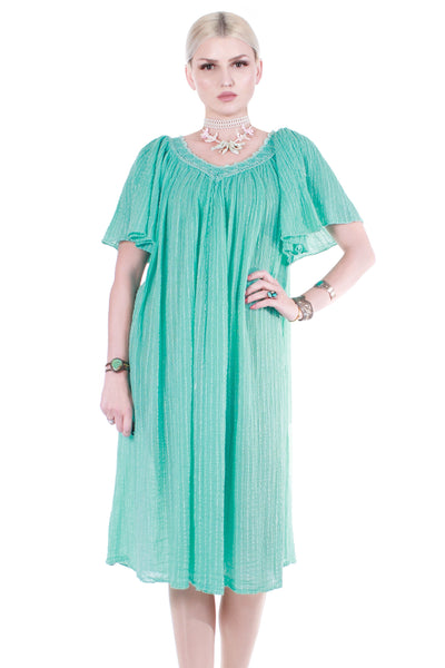 Mediterranean Green Gauze Pleated Philhellenic Free Flowing Trapeze Vintage Dress Made in Greece One Size Fits Most