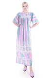 80s Vintage Pastel Caftan Muu Muu Maxi Dress Cotton Poly Striped Floral Print Loungewear Size 10 / Large - 38" bust