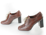 90s Y2K Brown Leather Wing Tip High Block Heel Franco Lace Up Ankle Boots Shoes Women's USA Size 10 M
