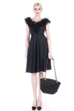 Vintage Black Jersey Ruffle Neckline Midi Dress Made in the USA marked size 9/10...34-38" bust...25-26" waist