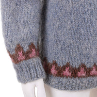 Vintage Mohair Dusky Blue Pink Fair Isle Hand Knit Cardigan Sweater Size Medium - 37" bust - 37" waist - 29" long