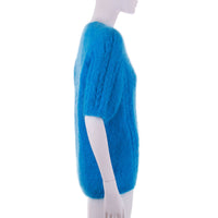 Vintage Bright Blue Mohair Furry Short Sleeve Sweater Top Size Medium