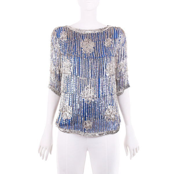 80s Silver Sequin and Beaded Fringe Blue Silk Blouse by Kimie Size Small 34" bust