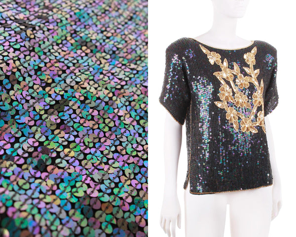 Vintage Metallic Sequin and Silk Top Metallic Purple Black Blue Gold by Gudi India Size Small / 34" bust and waist