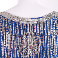 80s Silver Sequin and Beaded Fringe Blue Silk Blouse by Kimie Size Small 34" bust