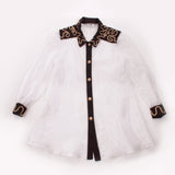 90s Iridescent White Organza w/ Black and Gold Embroidery Button Down Tunic by Park USA Size Medium - Large