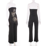90s Black Floral Mesh Overlay Strapless Jumpsuit Made in the USA Size Medium Petite or Small short