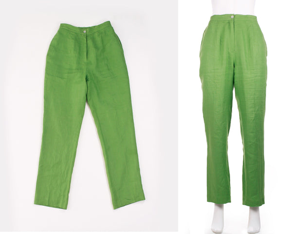 Vintage Green Linen High Waist Pants Size 10 / 27-30" waist / 40" hips / 29.5" inseam