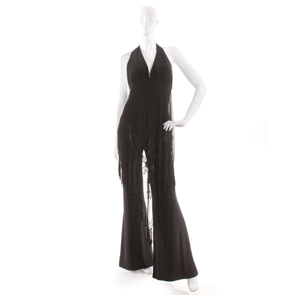 Vintage Janine Sheer Beaded Overlay Black Jumpsuit Made in the USA Size Large / 12