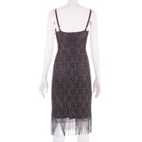 1990s Betsey Johnson New York Black Silver Metallic Crochet Lace Fringe Dress Made in the USA Women's Size P (4) 33" bust 27" waist